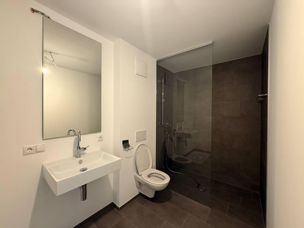 Modernes Badezimmer mit bodengleicher Dusche, Wand-WC und großem Spiegel.