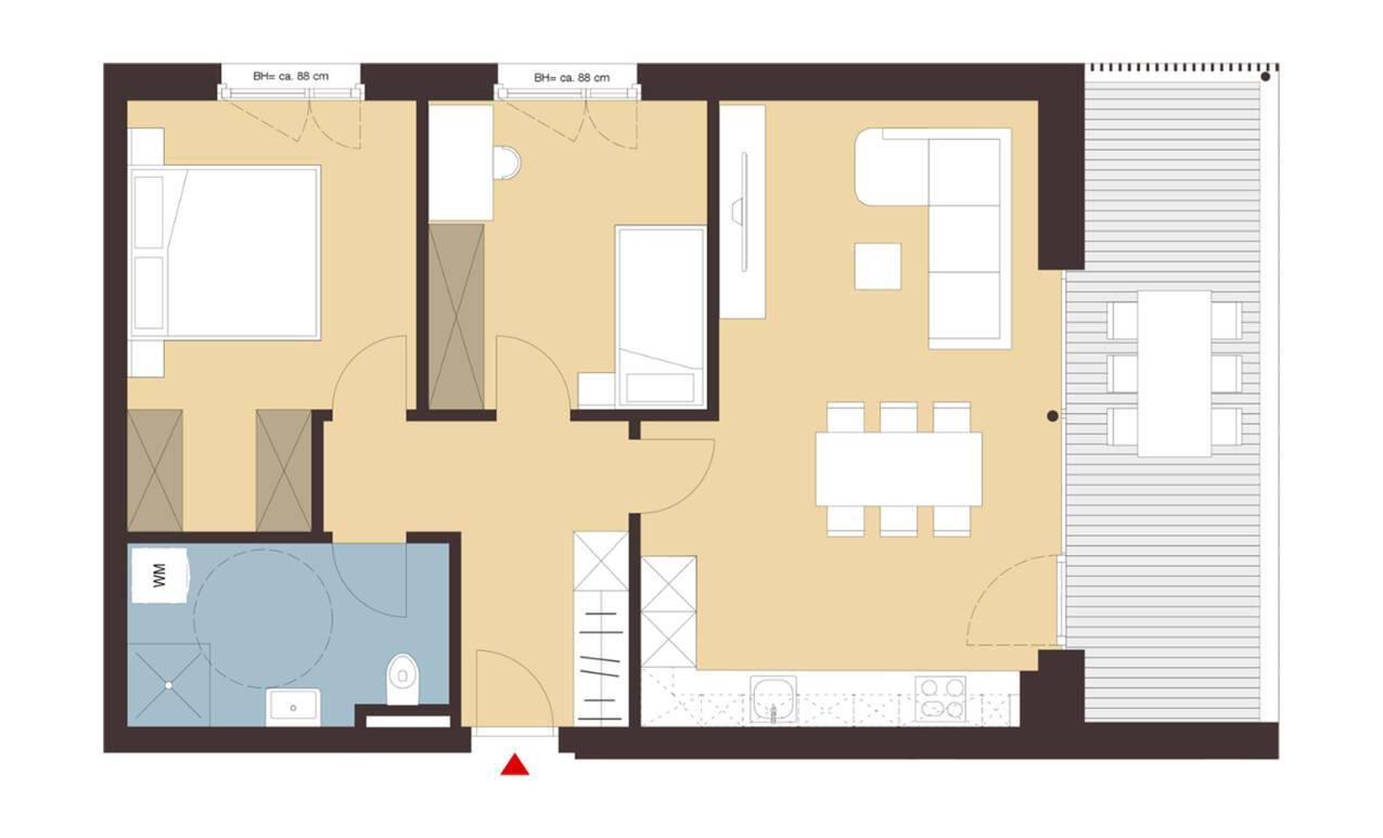 Grundriss einer Wohnung mit Schlafzimmer, Bad, offenem Wohnbereich und Terrasse.