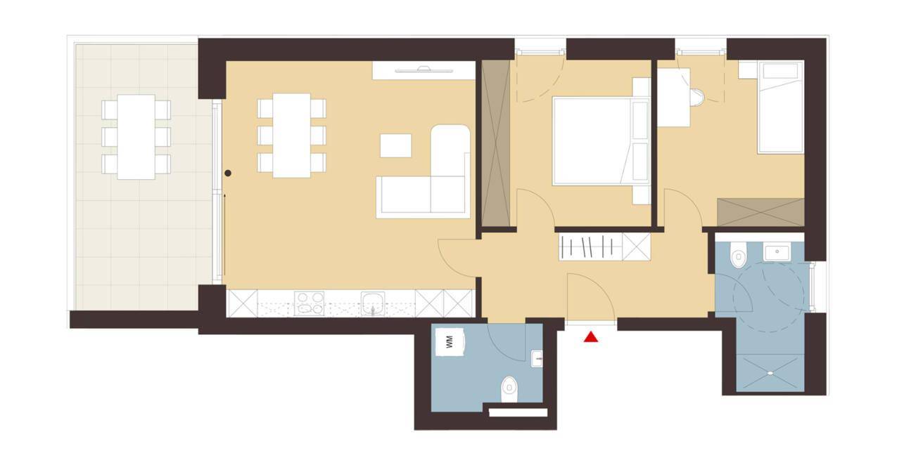 Grundriss einer Wohnung mit offenem Wohn-Essbereich, zwei Schlafzimmern, zwei Bädern und einer großen Terrasse.