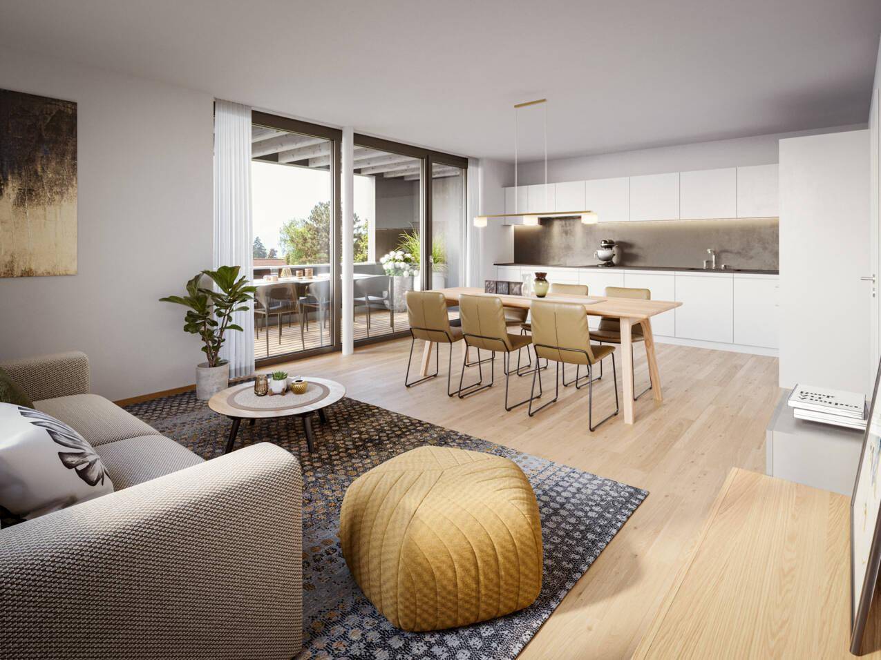 Heller offener Wohn-Essbereich mit integrierter moderner Küche und Zugang zum Balkon.