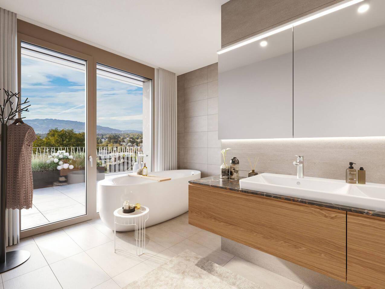 Modernes Badezimmer mit freistehender Badewanne, Doppelwaschbecken und direktem Balkonzugang.