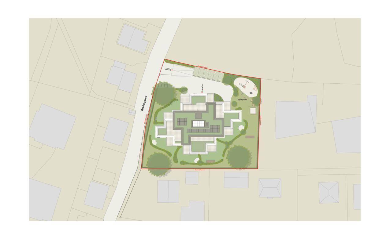 Übersichtsplan des Grundstücks mit Gebäudegrundriss, Grünflächen und Zufahrten.