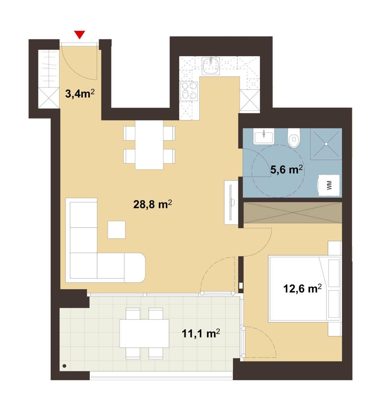Detaillierter Grundrissplan einer modernen Wohnung mit offenem Wohnbereich, Schlafzimmer, Bad und Terrasse.