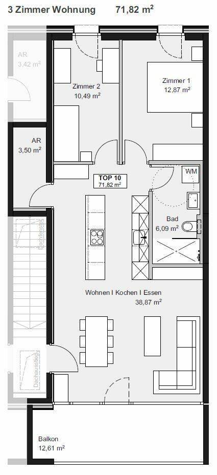 Grundriss einer 3-Zimmer-Wohnung mit offenem Wohn-Essbereich, zwei Schlafzimmern, einem Bad und Balkon.