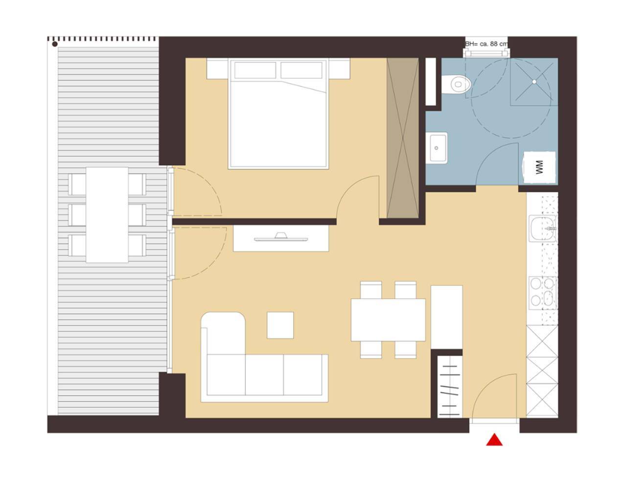 Grundriss einer Wohnung mit offenem Wohnbereich, Schlafzimmer, Badezimmer und Balkon.