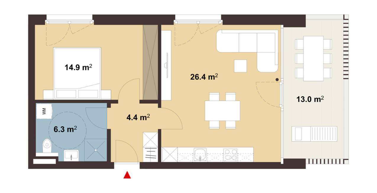 Grundriss einer Wohnung mit einem Schlafzimmer, offenem Wohn-Essbereich, integrierter Küche und einem Balkon.