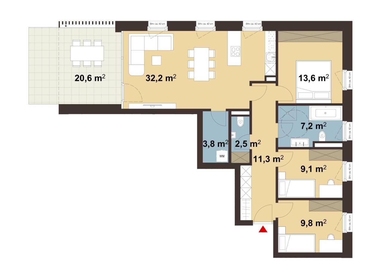 Grundriss einer modernen Wohnung mit großem Wohnbereich, Terrasse, einem Schlafzimmer und zwei Bädern.