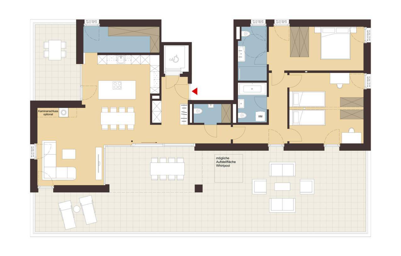 Dieser Grundriss zeigt eine geräumige Wohnung mit offenem Wohn-Essbereich, drei Schlafzimmern, zwei Bädern und einer großen Terrasse mit optionalem Whirlpool.