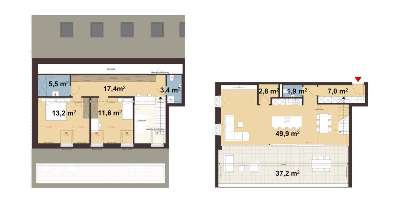 Grundrissplan einer Maisonette-Wohnung mit offenem Wohnbereich, drei Schlafzimmern und großer Terrasse.