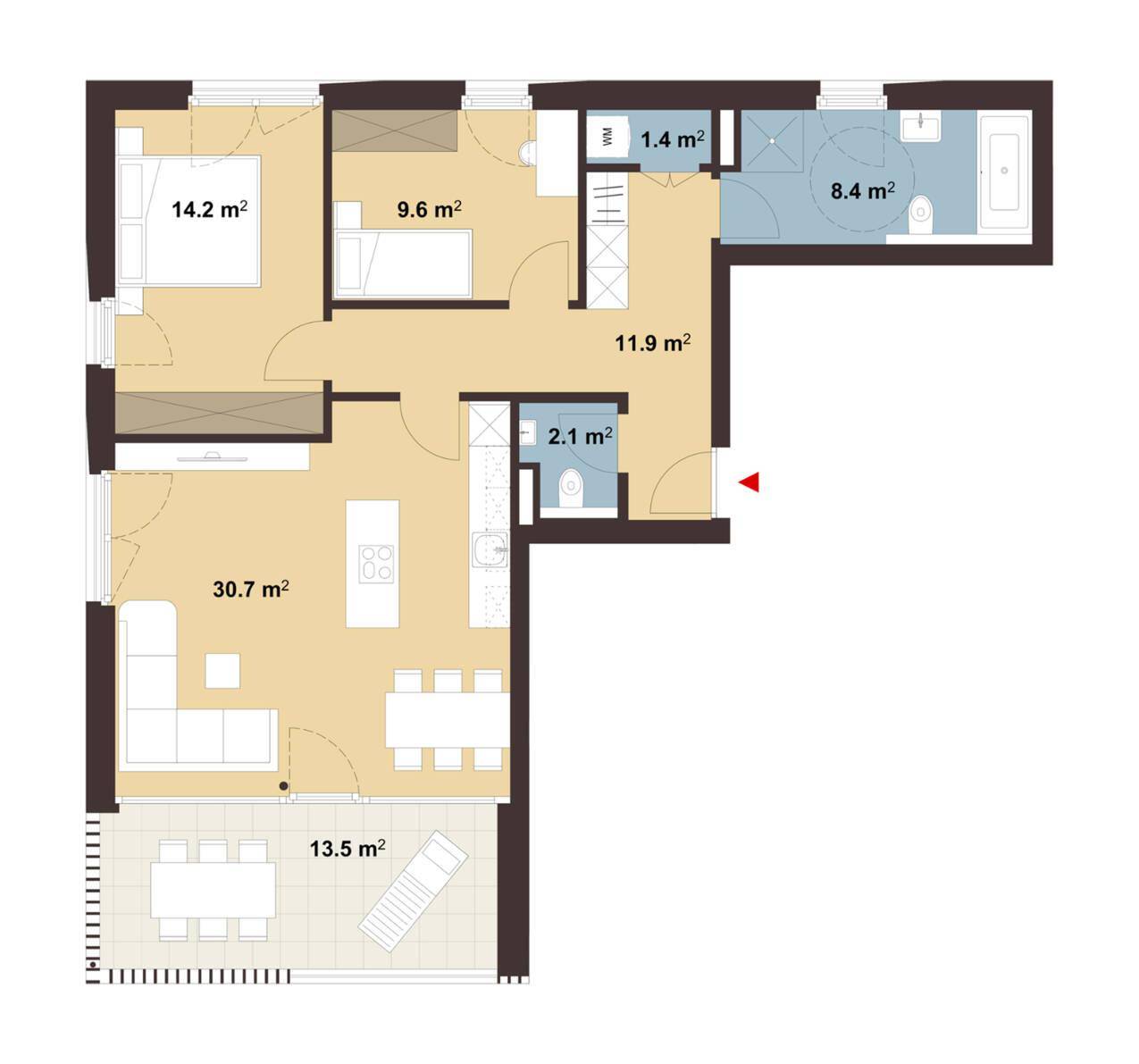 Grundriss einer Wohnung mit offenem Wohnbereich, zwei Schlafzimmern, zwei Bädern und einer großen Terrasse.