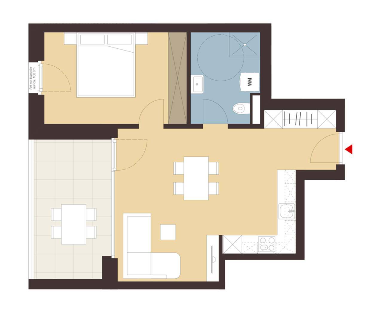 Grundriss einer Wohnung mit Schlafzimmer, offenem Wohnbereich und Badezimmer.