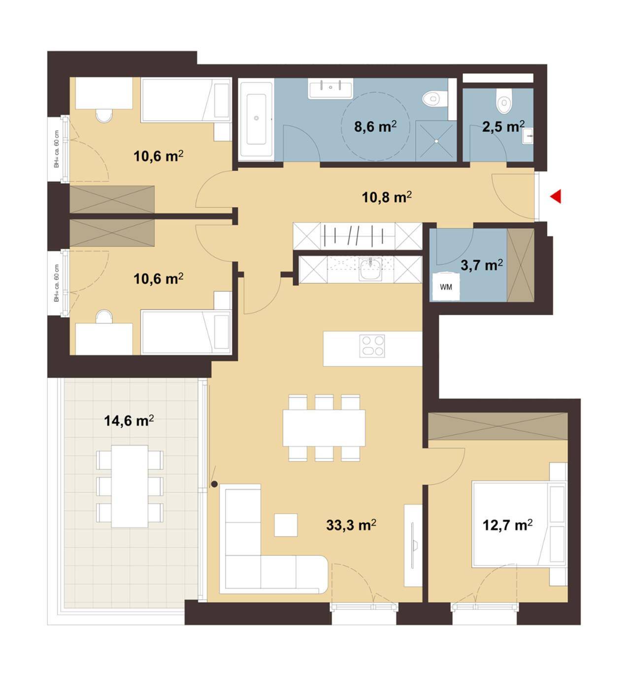 Grundriss einer Wohnung mit drei Schlafzimmern, offenem Wohn-Essbereich, zwei Bädern und einer geräumigen Terrasse.