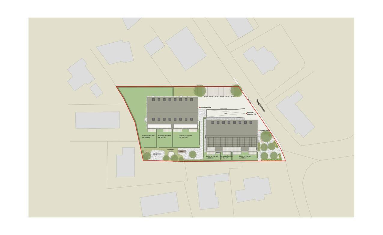 Übersichtsplan der Wohnanlage mit zwei Gebäuden und umliegenden Grünflächen.