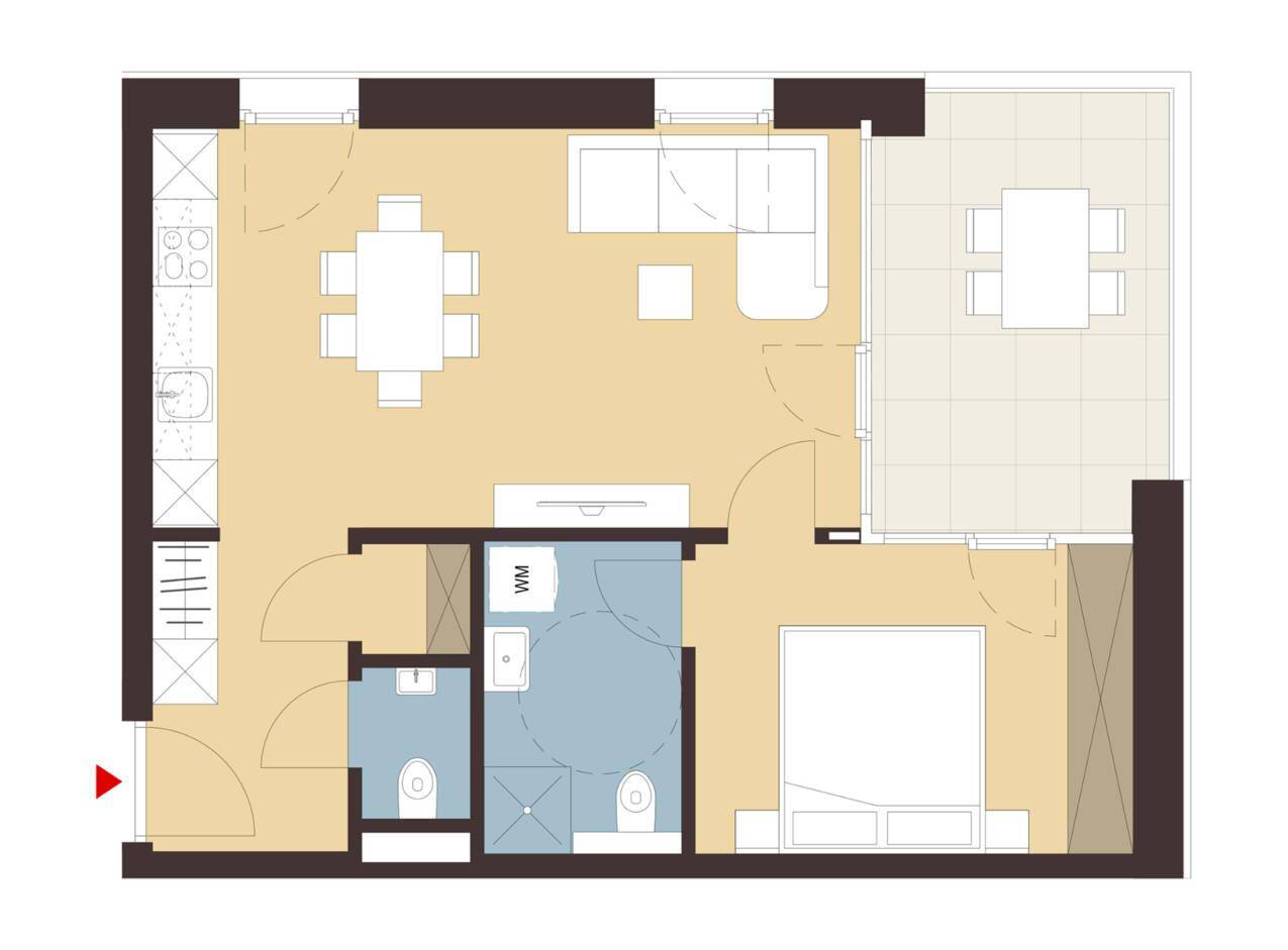 Grundriss einer Wohnung mit offenem Wohnbereich, Schlafzimmer, zwei Bädern und großer Terrasse.
