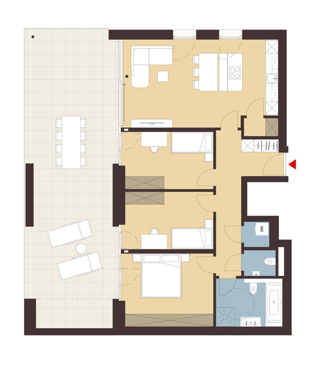 Grundriss einer Wohnung mit offenem Wohnbereich, zwei Schlafzimmern, zwei Bädern und einer großen Terrasse.
