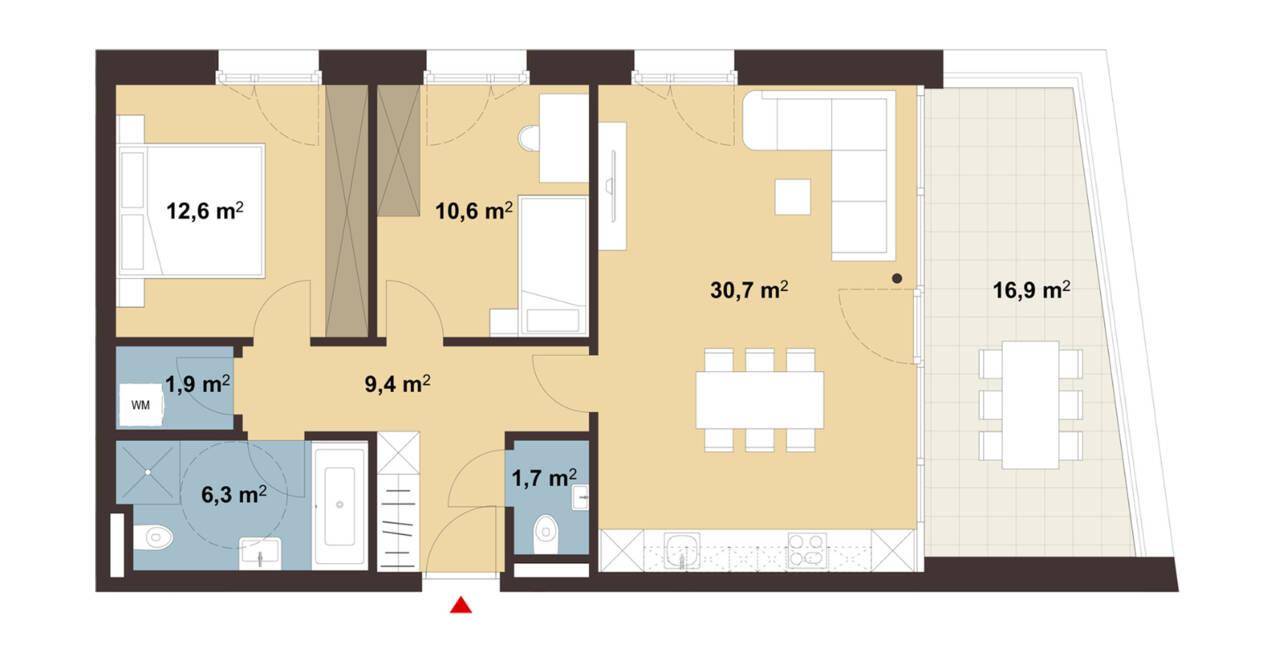 Grundriss einer Wohnung mit offenem Wohn-Essbereich, zwei Schlafzimmern, einem Badezimmer, einem Gäste-WC und einer großen Terrasse.