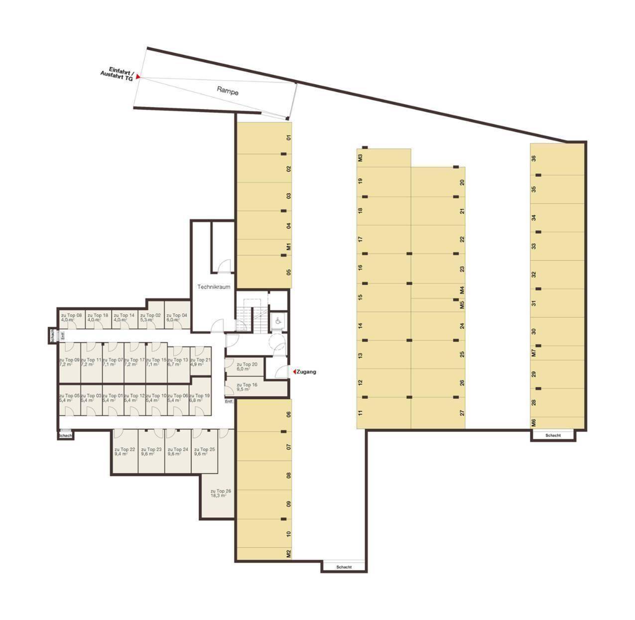 Grundriss der Tiefgarage mit zahlreichen Stellplätzen, Zufahrtsrampe und Technikraum.