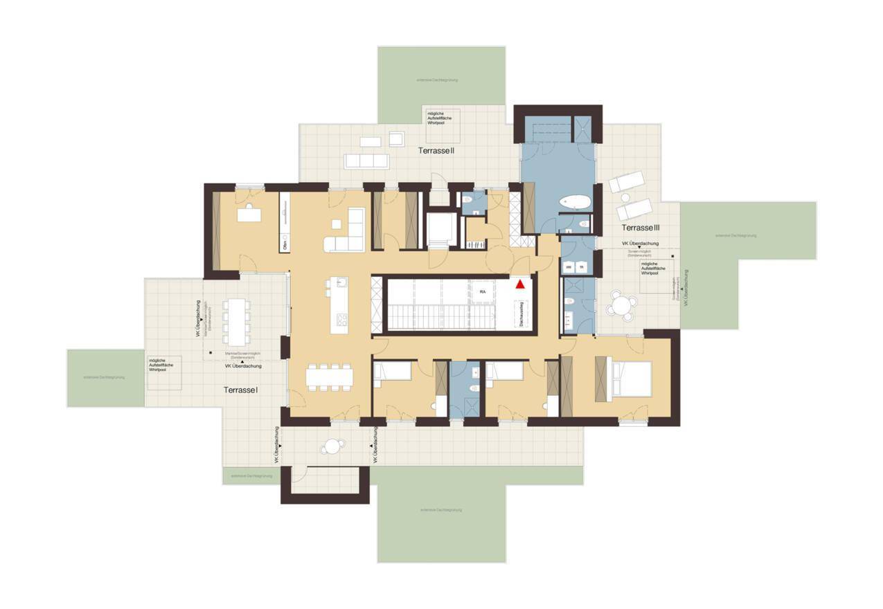 Detaillierter Grundriss einer Wohnung mit mehreren Terrassen und Bädern.