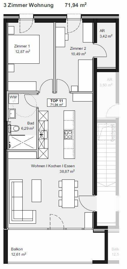 Grundriss einer 3-Zimmer-Wohnung mit offenem Wohn-, Koch- und Essbereich, zwei Schlafzimmern und einem Balkon.