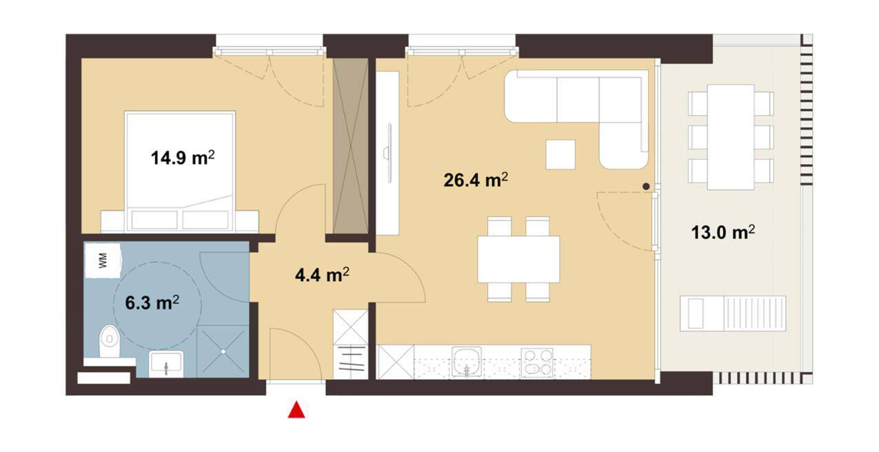 Grundriss einer Wohnung mit offenem Wohn-Essbereich, separatem Schlafzimmer und Balkon.