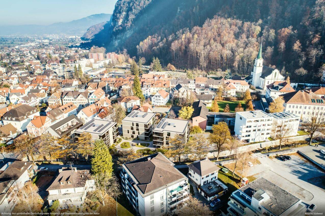 Wohnanlage Am Emsbach II in Hohenems, Südwest-Luftansicht