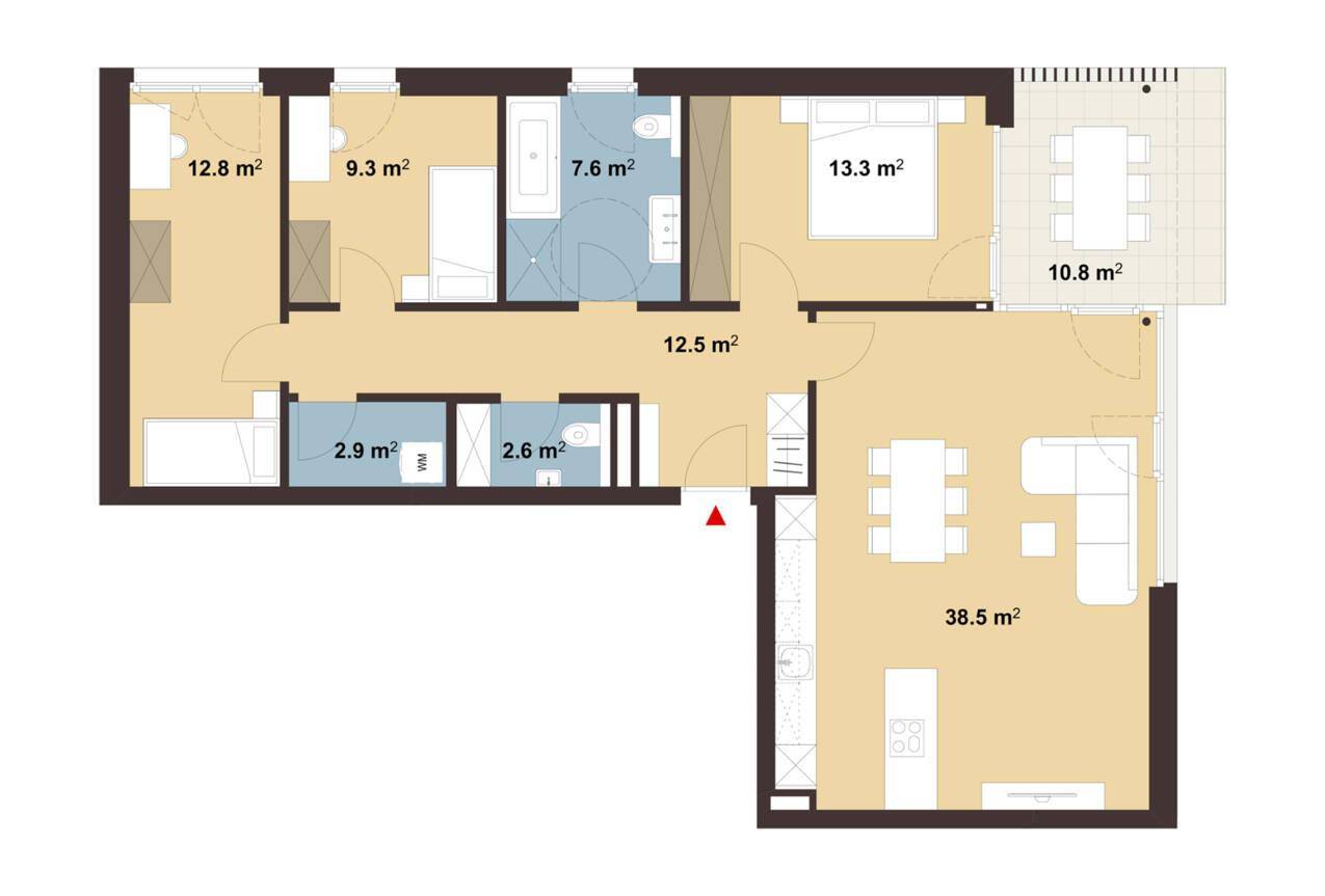 Grundriss einer Wohnung mit offenem Wohnbereich, zwei Bädern, separatem WC und einer großen Terrasse.