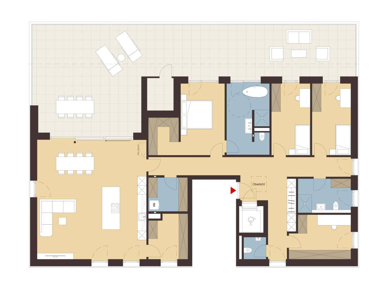 Großzügiger Grundriss mit offenem Wohnbereich, drei Schlafzimmern, mehreren Bädern und einer weitläufigen Dachterrasse.
