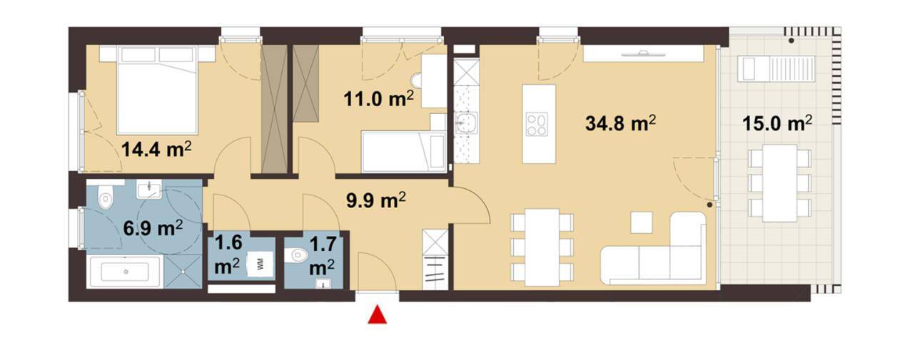 Grundriss einer Wohnung mit offenem Wohn- und Essbereich, zwei Schlafzimmern, einem Badezimmer, separatem Gäste-WC und einer großen Terrasse.