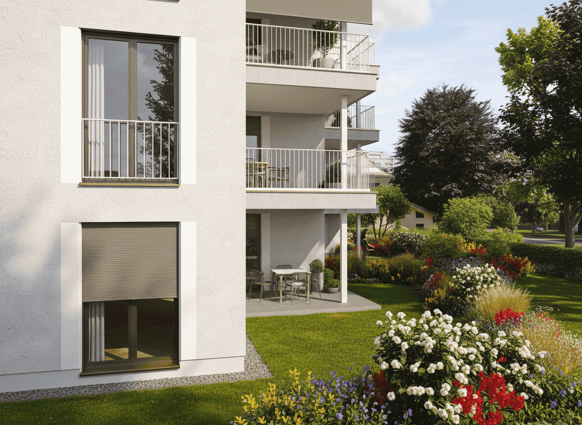 Helle Terrasse mit Gartenmöbeln und Blick auf den blühenden Gartenbereich des Anwesens.