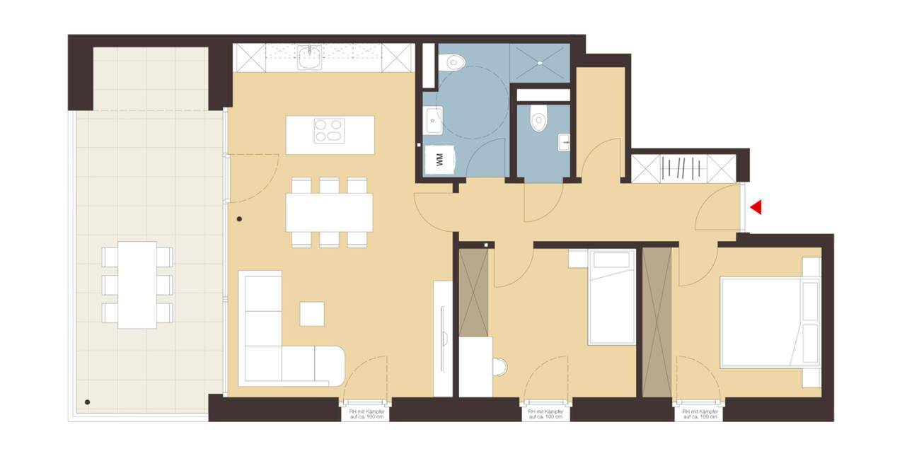 Grundriss einer Wohnung mit offenem Wohnbereich, zwei Schlafzimmern und großer Terrasse.