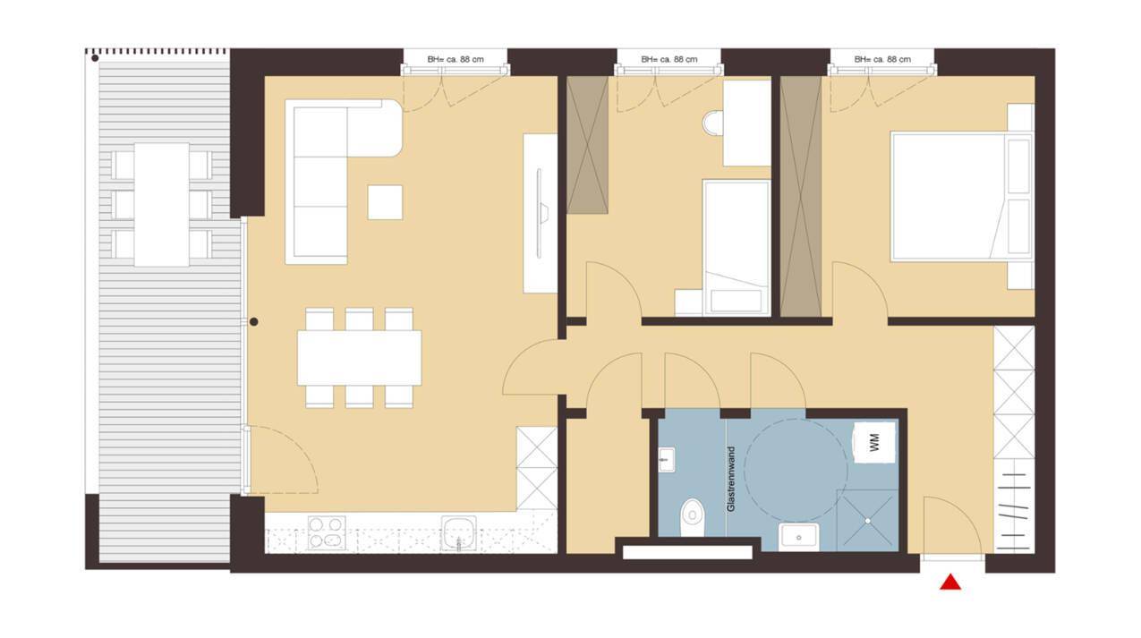 Grundriss einer modernen Wohnung mit offenem Wohnbereich, Schlafzimmer und großer Terrasse.