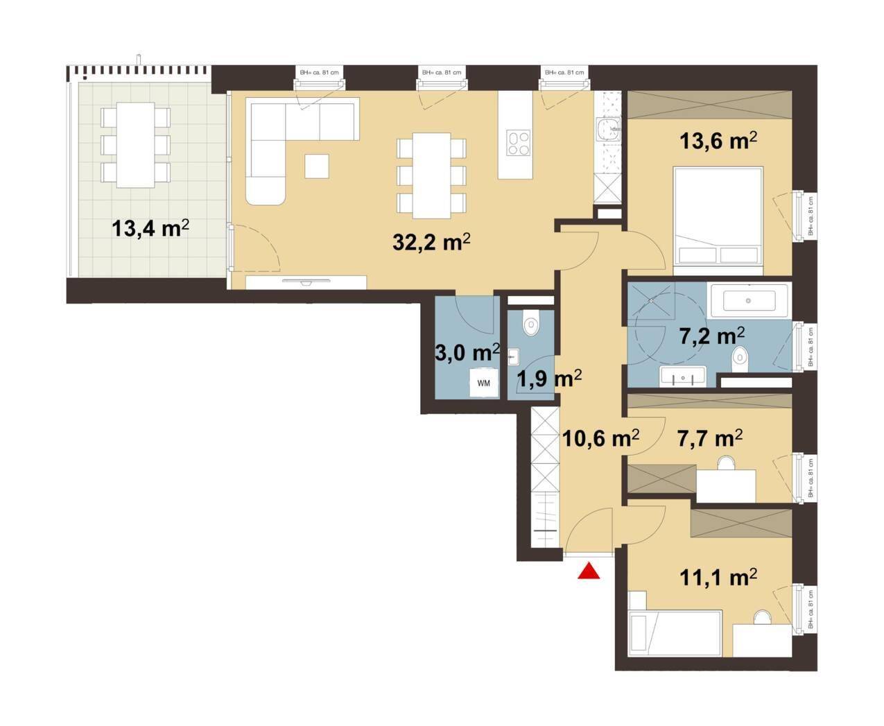 Detaillierter Grundriss einer Wohnung mit offenem Wohn-Essbereich, drei Schlafzimmern, zwei Bädern und einer großzügigen Terrasse.