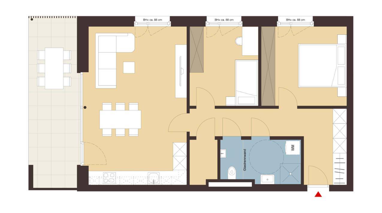 Grundriss einer Wohnung mit offenem Wohn-Essbereich, Schlafzimmer und großer Terrasse.