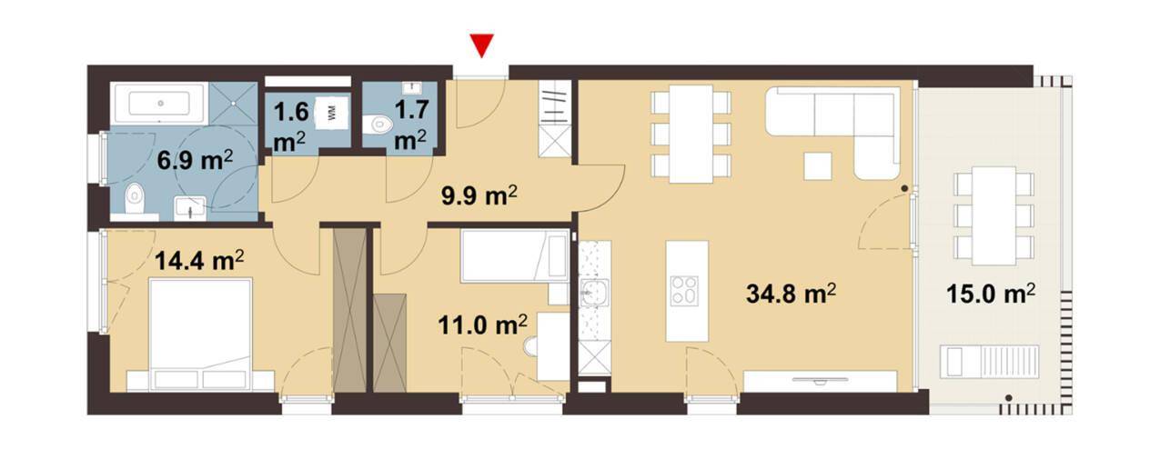 Grundriss einer Wohnung mit zwei Schlafzimmern, offenem Wohnbereich und großer Terrasse.