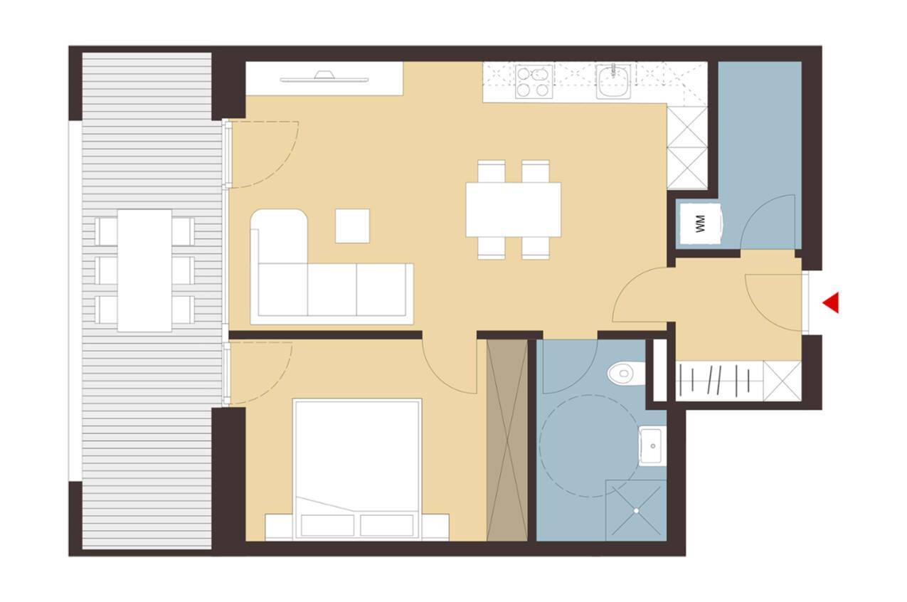 Grundriss einer Wohnung mit offenem Wohnbereich, Schlafzimmer, Bad und großem Balkon.