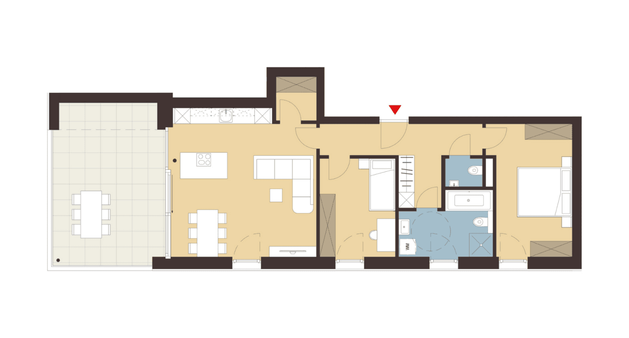 Grundriss einer Wohnung mit offenem Wohnbereich, großer Terrasse und zwei Bädern.