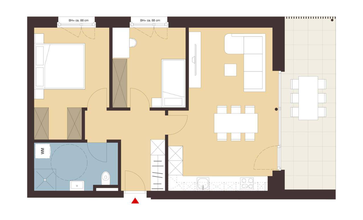 Grundriss einer Wohnung mit offenem Wohnbereich, Schlafzimmer, Bad und großer Terrasse.