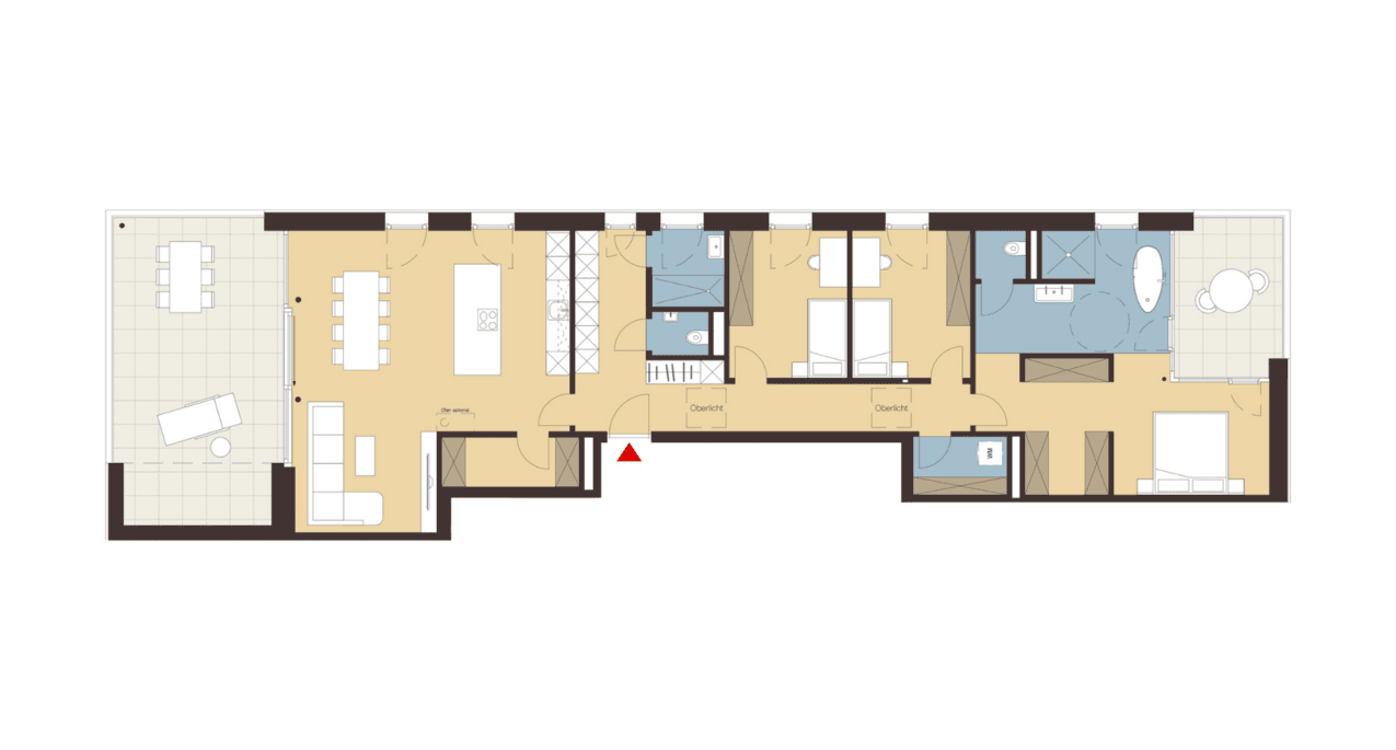 Detaillierter Grundriss einer Wohnung mit offenem Wohnbereich, mehreren Schlafzimmern und großer Terrasse.