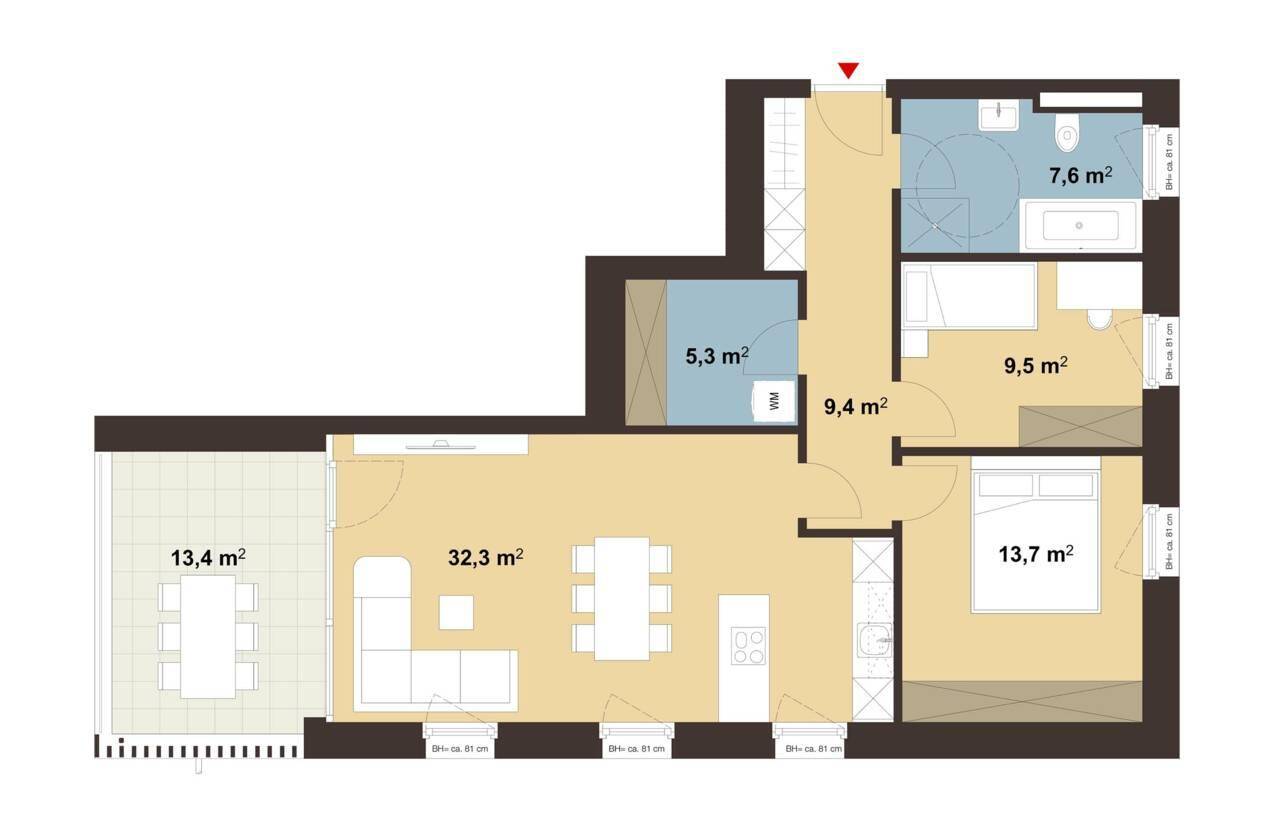 Grundriss einer Wohnung mit offenem Wohnbereich, Schlafzimmer, zwei Bädern und großer Terrasse.