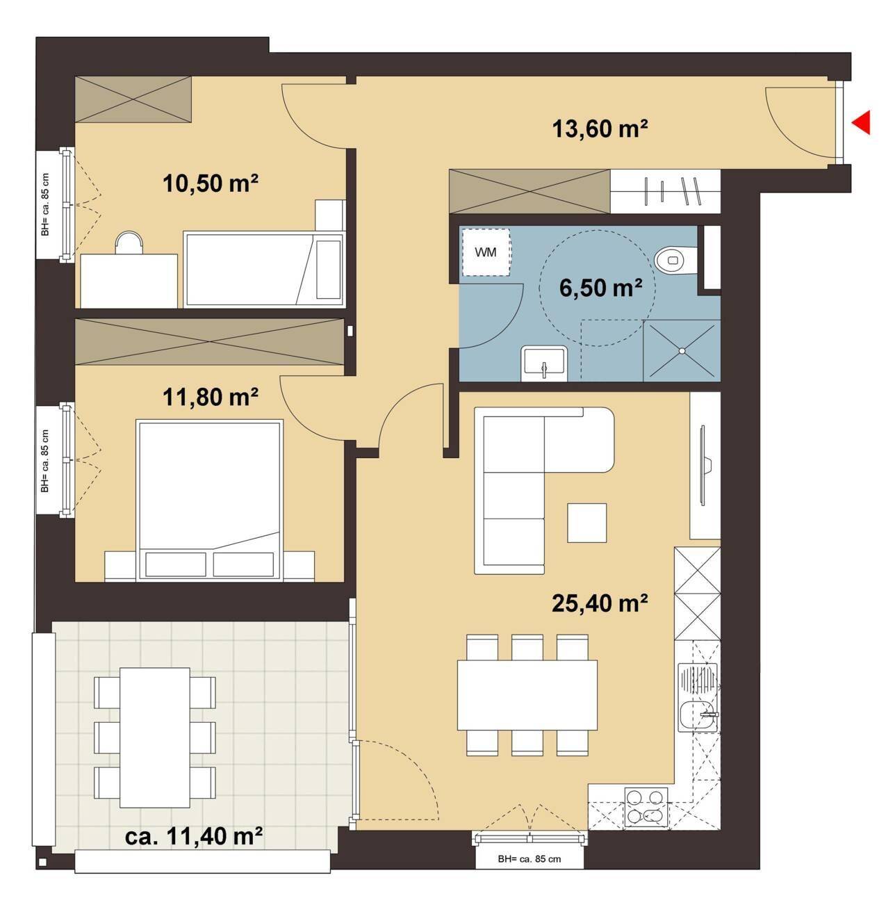 Grundriss einer Wohnung mit zwei Schlafzimmern, offenem Wohnbereich, Bad und Balkon.