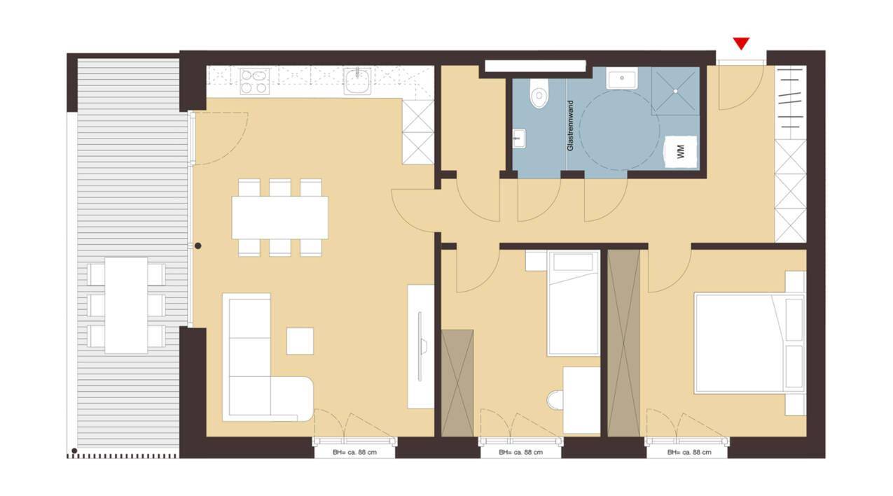 Grundriss einer Wohnung mit offenem Wohnbereich, zwei Schlafzimmern und großem Balkon.