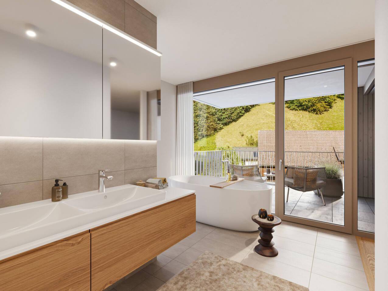 Modernes Badezimmer mit freistehender Badewanne, Doppelwaschbecken und Zugang zu einem Balkon.