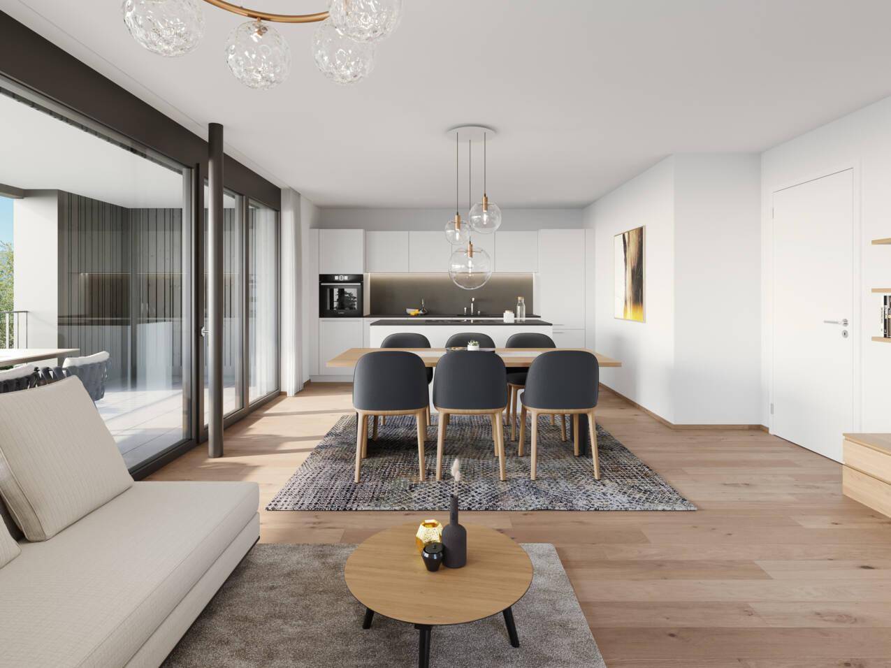 Heller, offener Wohn-Essbereich mit moderner weißer Küche und Zugang zu einem Balkon.