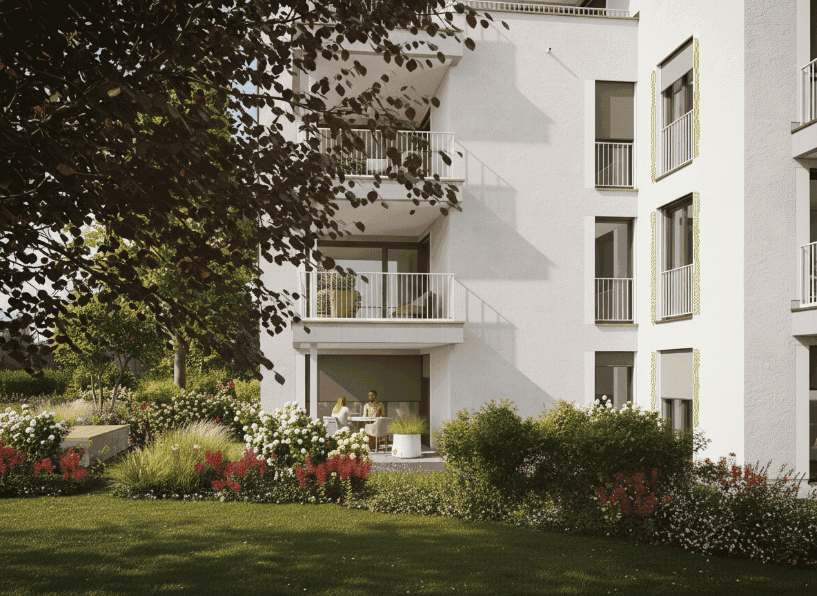 Möblierte Terrasse im Erdgeschoss, umgeben von einem gepflegten Garten mit üppiger Bepflanzung.