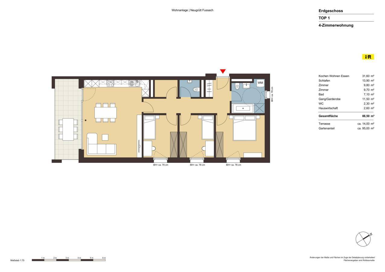 Grundriss einer 4-Zimmer-Wohnung im Erdgeschoss mit Terrasse und Gartenanteil.