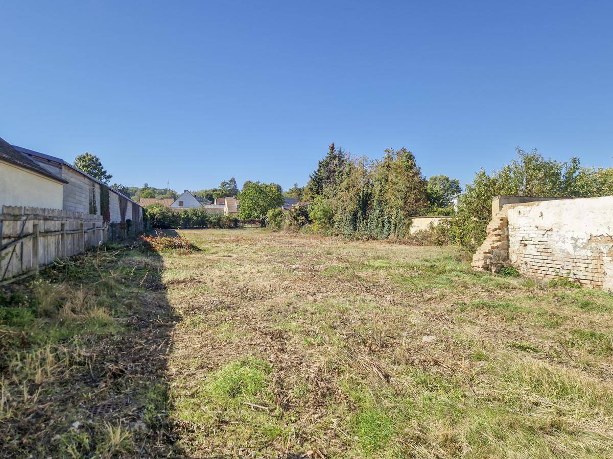 Weitläufiges unbebautes Grundstück mit trockener Vegetation und einer alten Mauer am Rand.