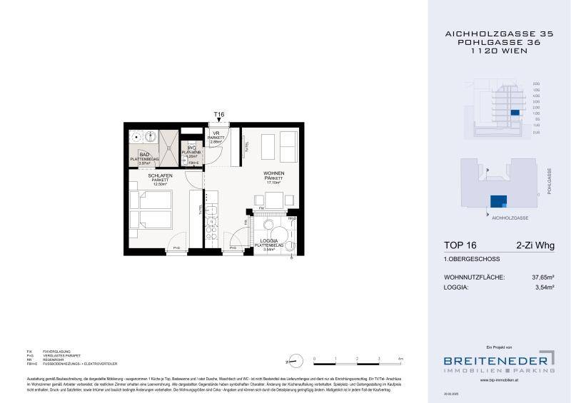 Grundriss einer 2-Zimmer-Wohnung im 1. Obergeschoss mit Loggia und separatem WC.