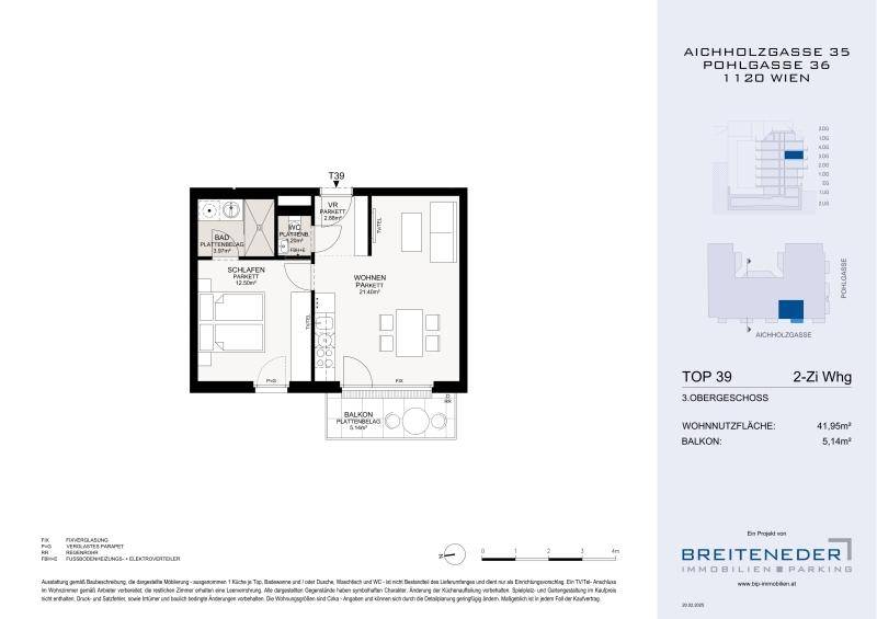 Grundriss einer 2-Zimmer-Wohnung im 3. Obergeschoss mit Balkon.