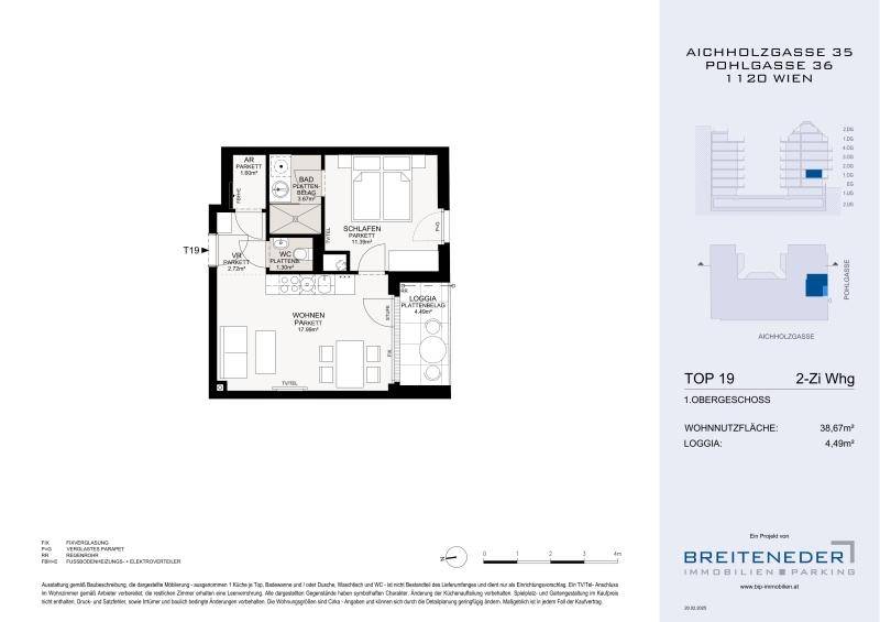 Grundriss der Wohnung Top 19 im 1. Obergeschoss mit Loggia, einem Schlafzimmer und separatem WC.