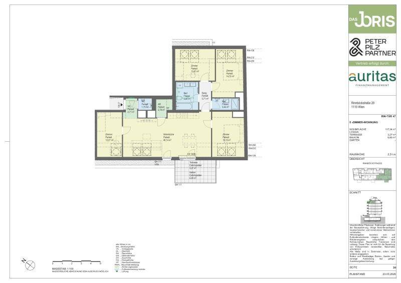 Grundriss einer 3-Zimmer-Wohnung mit offenem Wohnbereich und Balkon.